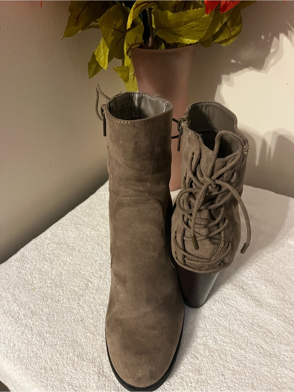 Women’s Taupe Faux Suede Lace-Up Ankle Boots